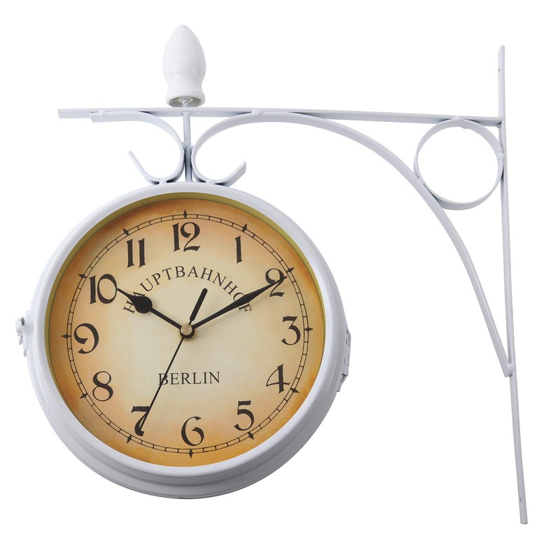 Weiß Antik Wanduhr Doppelseitig Bahnhofsuhr Küchenuhr Retro Look DE - Image 2