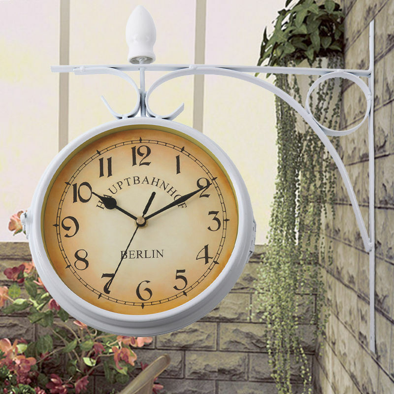 Weiß Antik Wanduhr Doppelseitig Bahnhofsuhr Küchenuhr Retro Look DE - Image 4