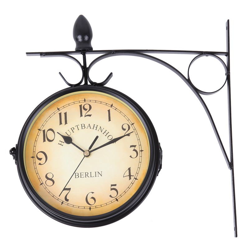 Wanduhr doppelseitig Retro-Stil Metall Bahnhof Uhr Vintage Schwarz - Image 2