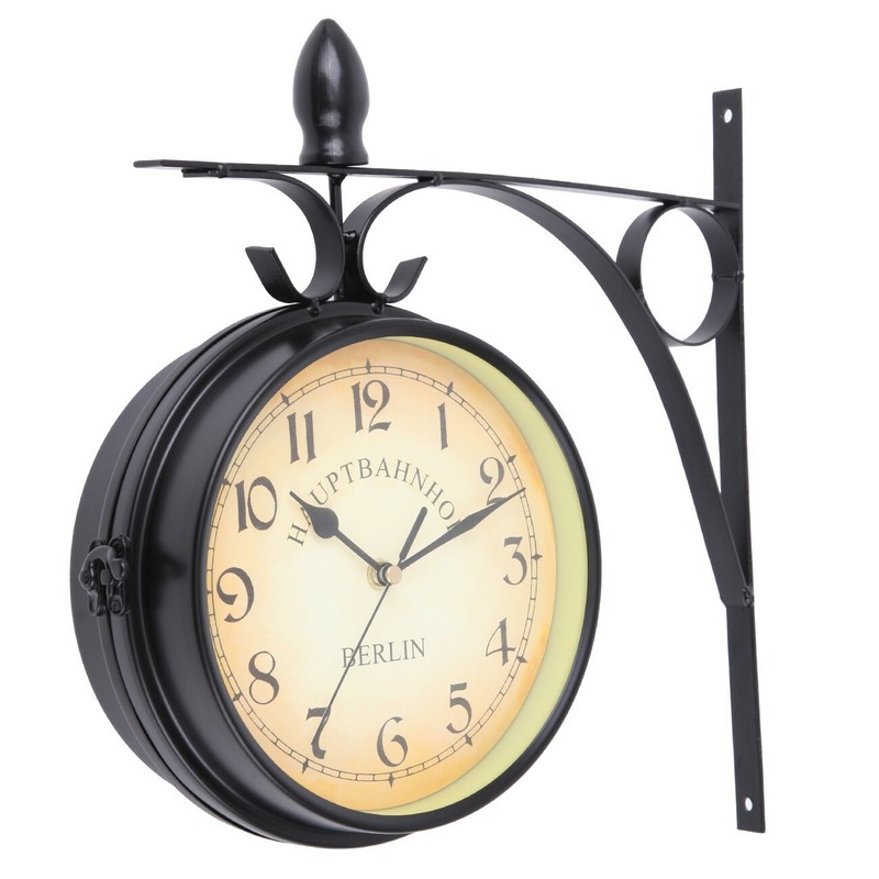Wanduhr doppelseitig Retro-Stil Metall Bahnhof Uhr Vintage Schwarz - Image 3