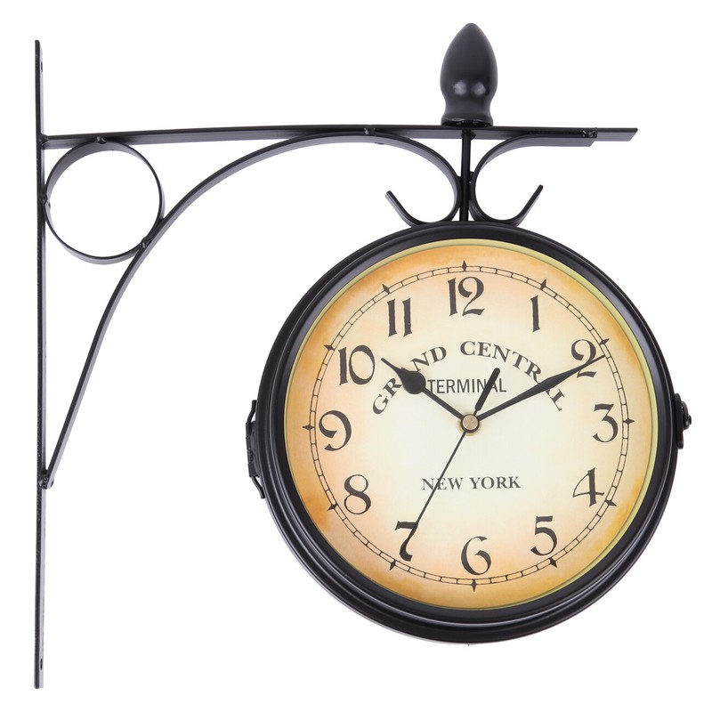 Wanduhr doppelseitig Retro-Stil Metall Bahnhof Uhr Vintage Schwarz - Image 4