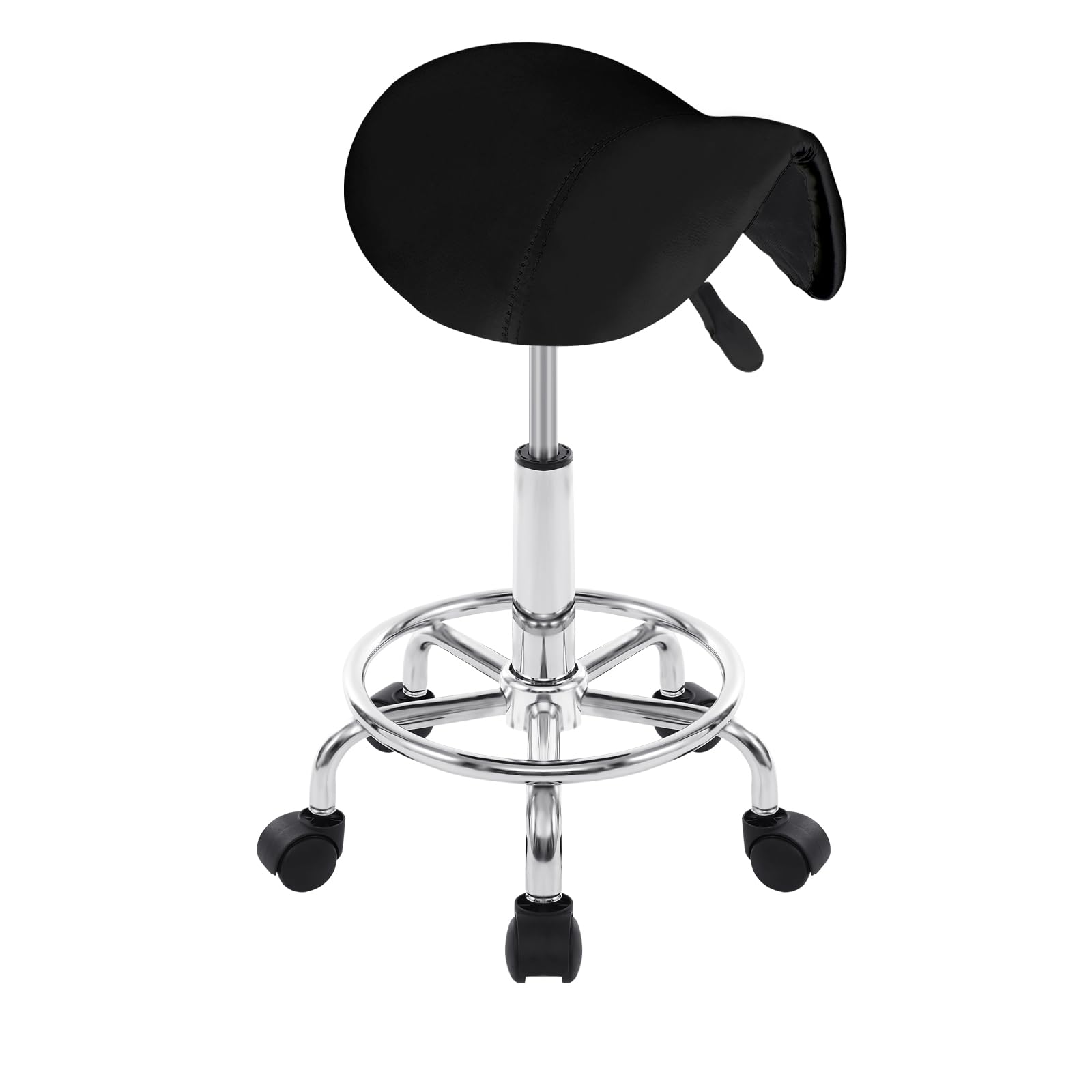 H-YEEU Verstellbarer Sattelhocker mit Rollen, ergonomisches Design, verstellbare Höhe 56-66 cm, schwarzer PU-Sitz, 360° drehbar, 5 leise, für Wohnzimmer, Büro, Werkstatt