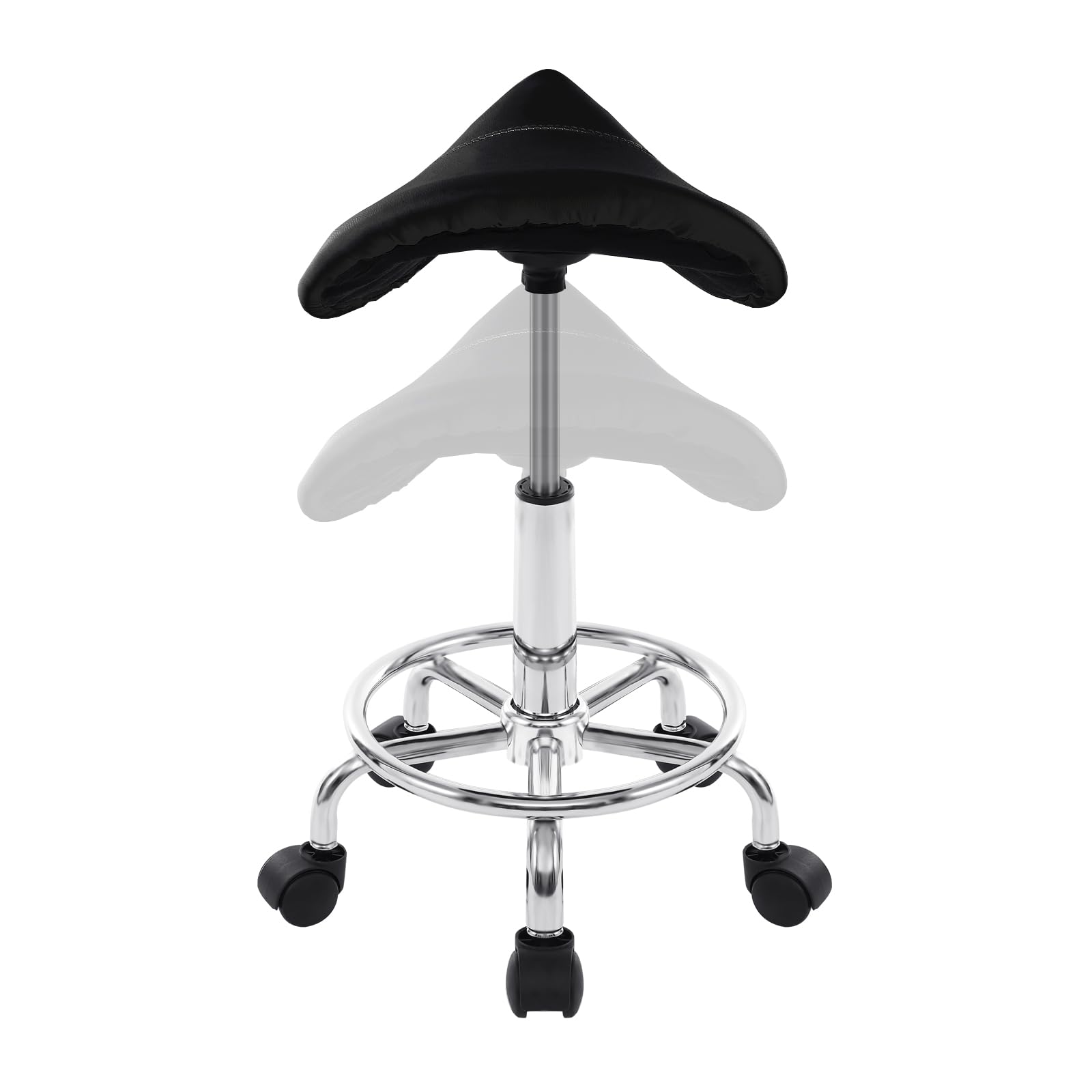 H-YEEU Verstellbarer Sattelhocker mit Rollen, ergonomisches Design, verstellbare Höhe 56-66 cm, schwarzer PU-Sitz, 360° drehbar, 5 leise, für Wohnzimmer, Büro, Werkstatt - Image 3