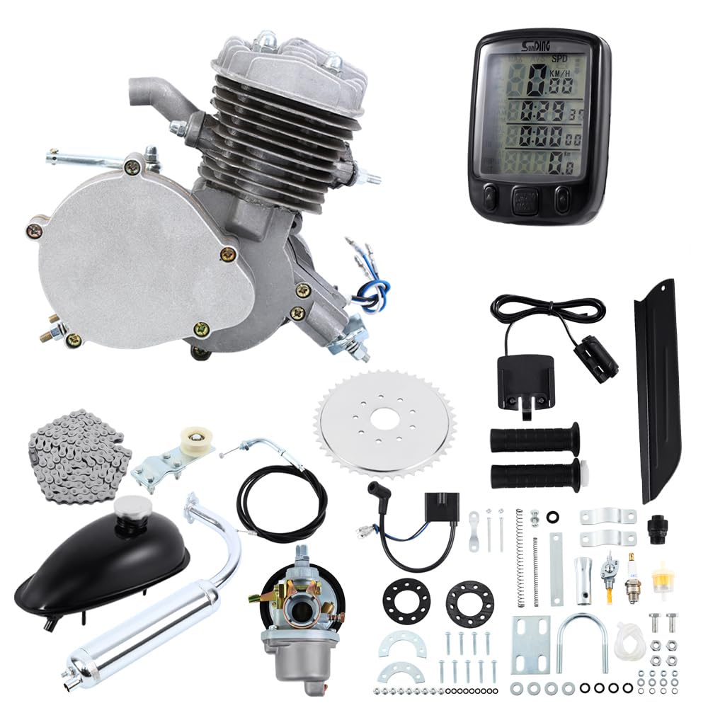 80cc 2 Temps Kit Moteur Vélo Gaz Moteur Kit De Conversion De Vélo pour Vélo Motorisé Cylindre Simple avec Compteur De Vitesse Argent