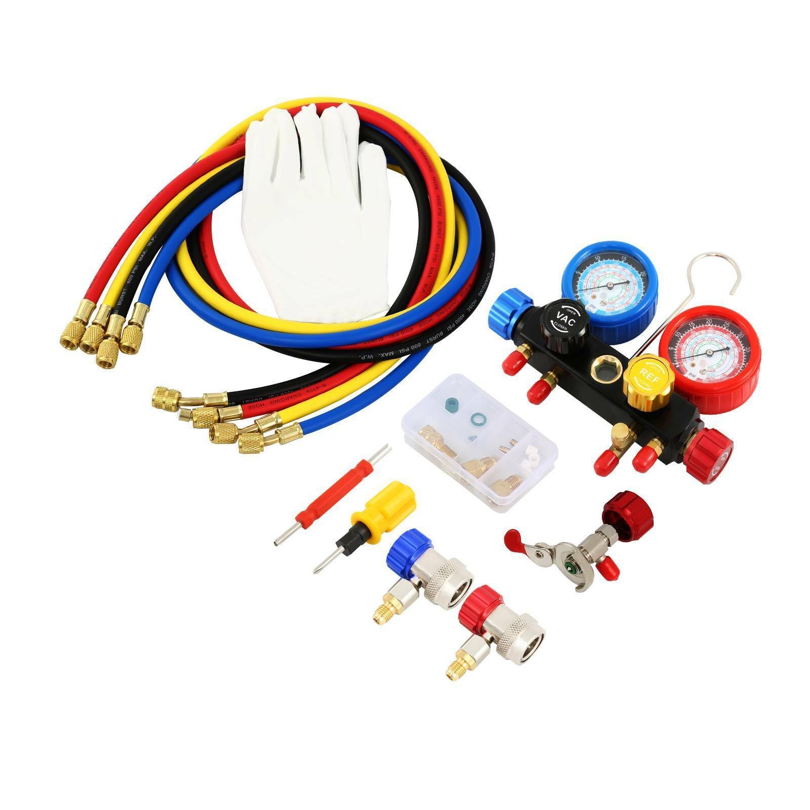 H-YEEU Manifold Gauge Kit 4-Wege Monteurhilfe Klimaanlage, Klimaanlage Manifold Messgerät Gauge Set für Kältemittel R134A R22 R12 R404A R410A R502 - Image 3