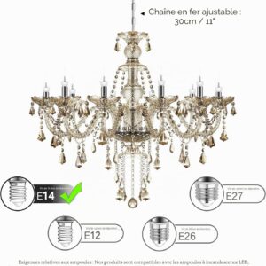 H-YEEU Lustre moderne à 10 ampoules en cristal K9, couleurs cognac, suspension en bougie, éclairage de plafond élégant pour salle à manger, salon, chambre à coucher et accessoires de maison
