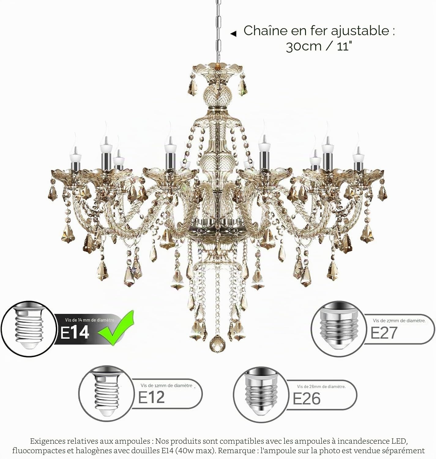 H-YEEU Lustre moderne à 10 ampoules en cristal K9, couleurs cognac, suspension en bougie, éclairage de plafond élégant pour salle à manger, salon, chambre à coucher et accessoires de maison