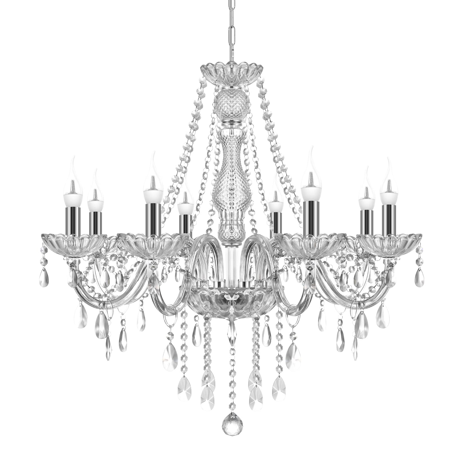 TRY-YEAN Luxueux Lustre à 8 bras Lustre Cristal Transparent Plafonnier Lampe à Suspension Verre Cristal K5 avec Chaîne Réglable Style Bougie E14 pour Chambre à Coucher, Salon, Salle à Manger, Couloir