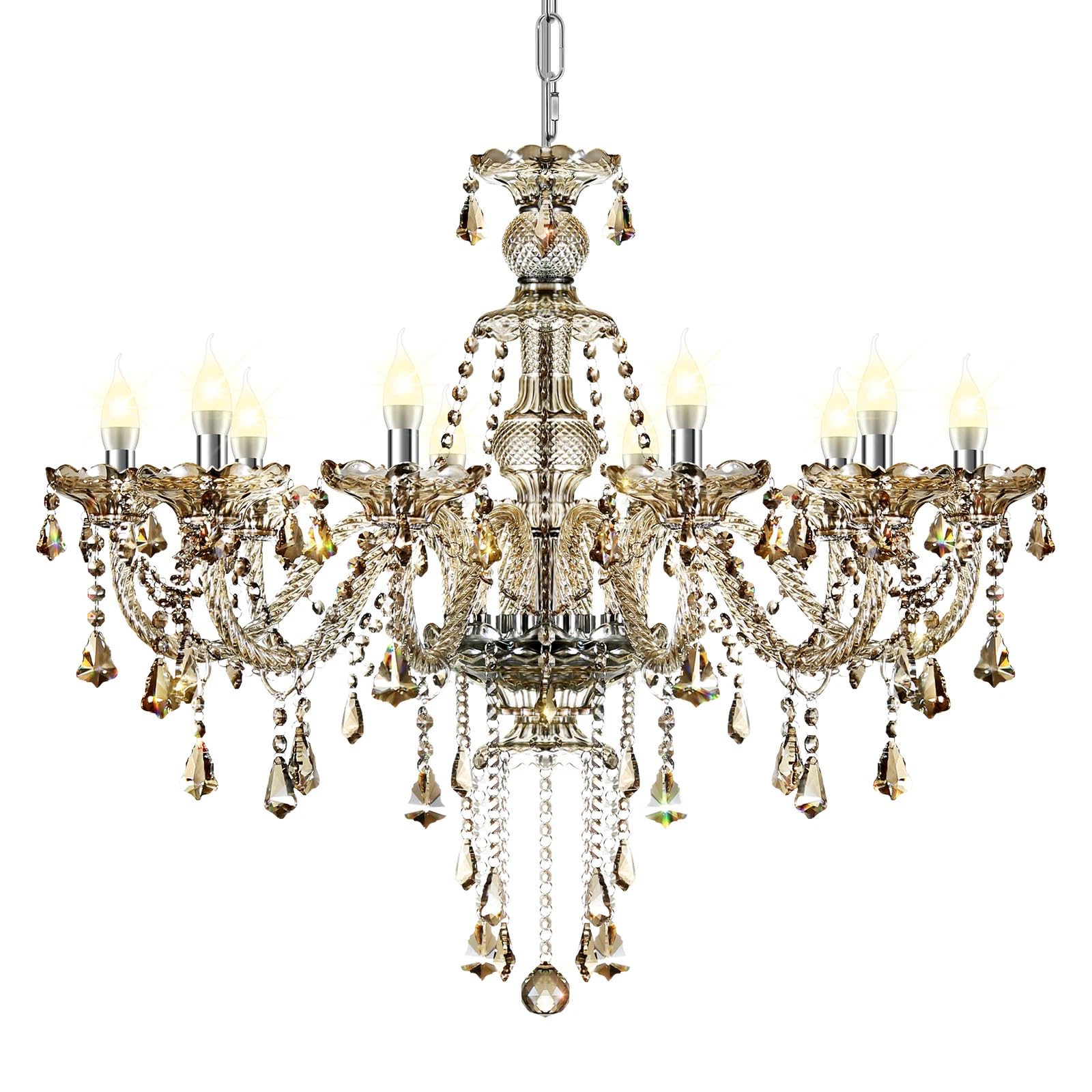H-YEEU Lustre moderne à 10 ampoules en cristal K9, couleurs cognac, suspension en bougie, éclairage de plafond élégant pour salle à manger, salon, chambre à coucher et accessoires de maison - Image 2