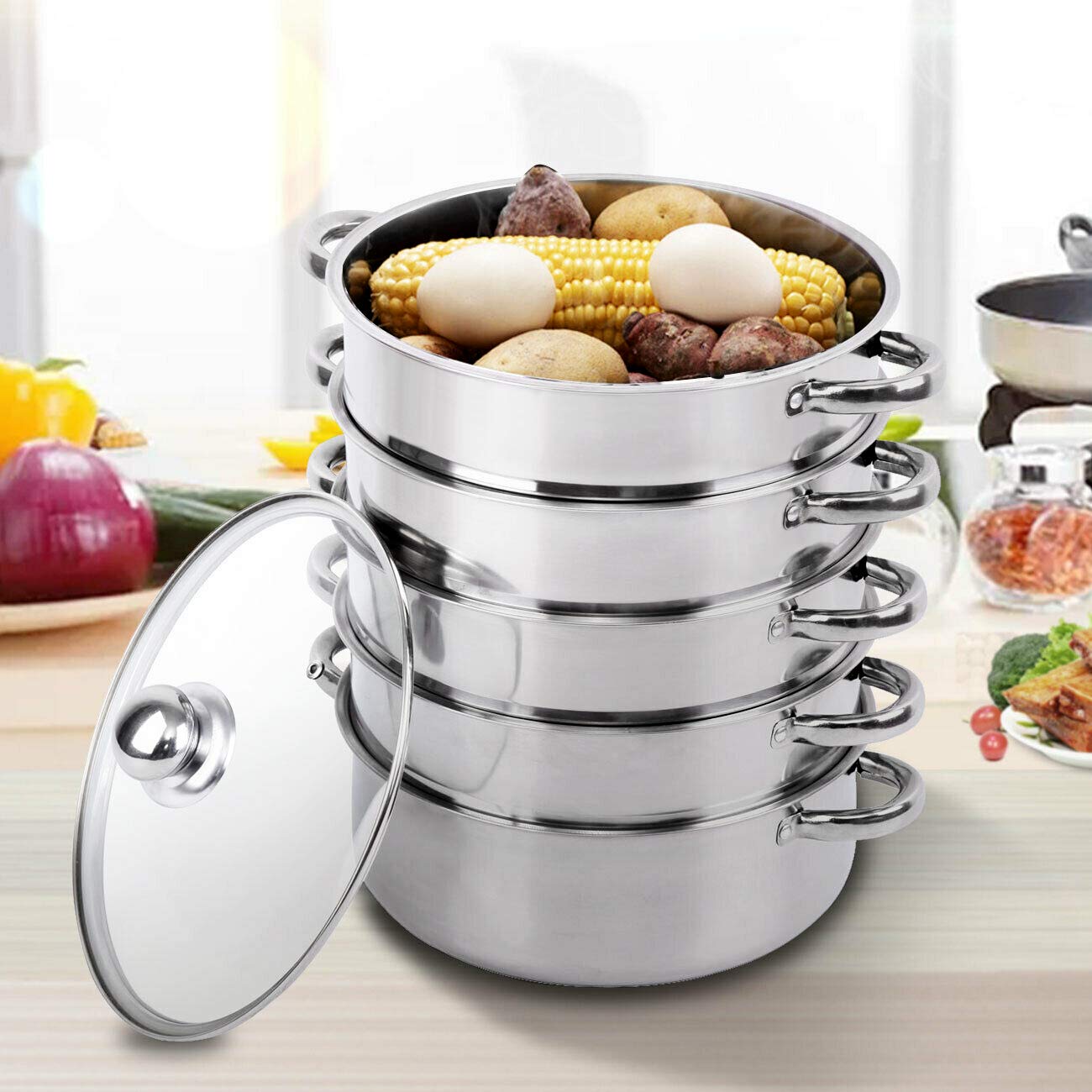 TRY-YEAN Edelstahl Dampfgarer Dampfkocher mit Glasdeckel, 5 Etagen 30cm, Kochgeschirr Mantovarka Topf Induktion für Knödel Induktionsherd - Image 3