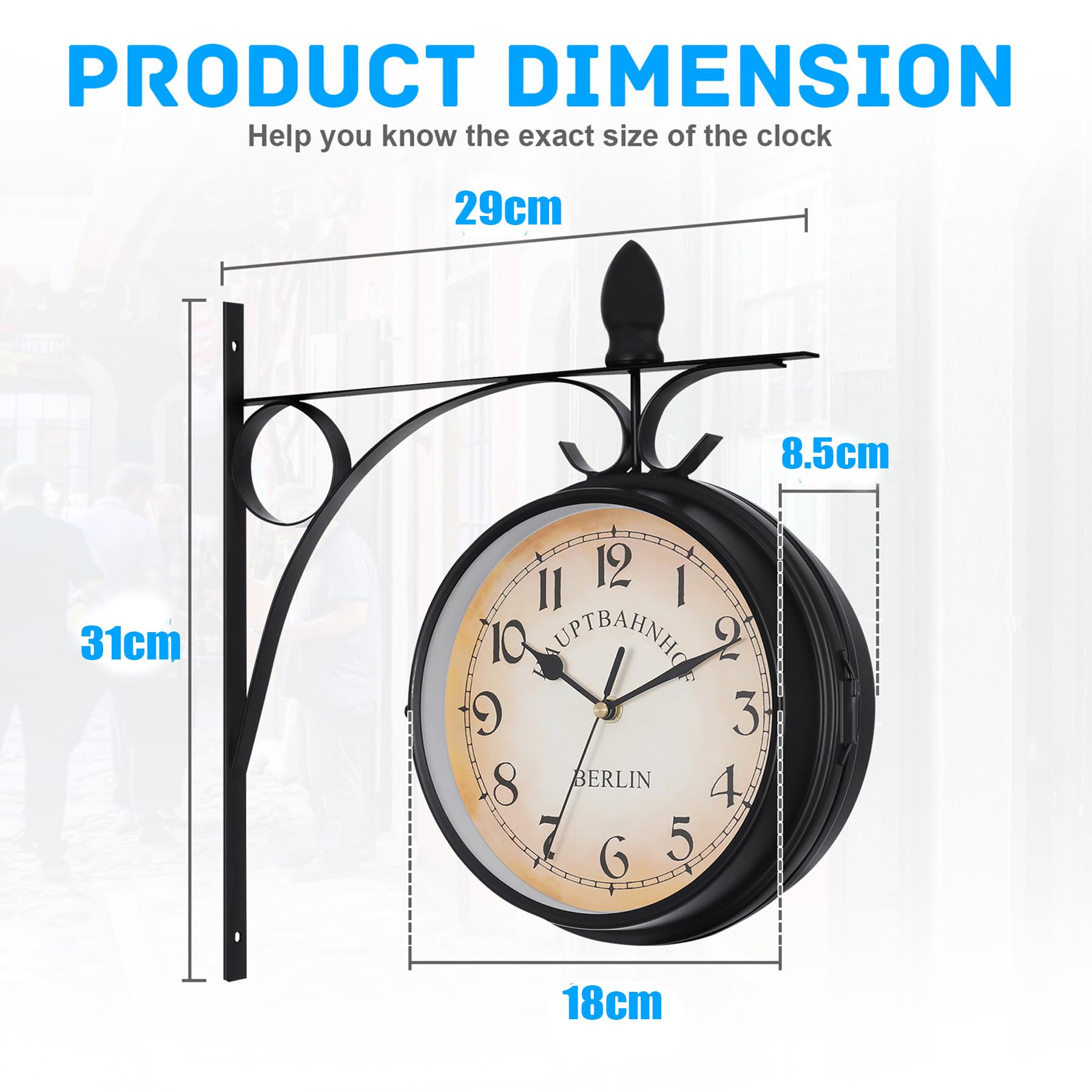 Samger Vintage Bahnhofsuhr Doppelseitig Wanduhr, Wasserfest Outdoor Garten Uhr, Bahnhof mit Halterung, Retro, 29cm, Batteriebetrieben, Groß Uhr für Drinnen und Draußen, Schwarz - Image 3
