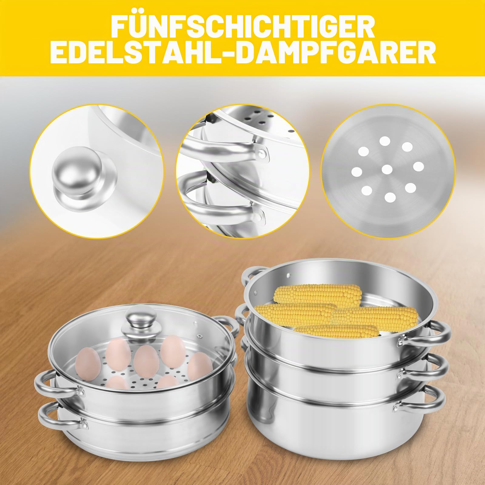 TRY-YEAN Edelstahl Dampfgarer Dampfkocher mit Glasdeckel, 5 Etagen 30cm, Kochgeschirr Mantovarka Topf Induktion für Knödel Induktionsherd - Image 4
