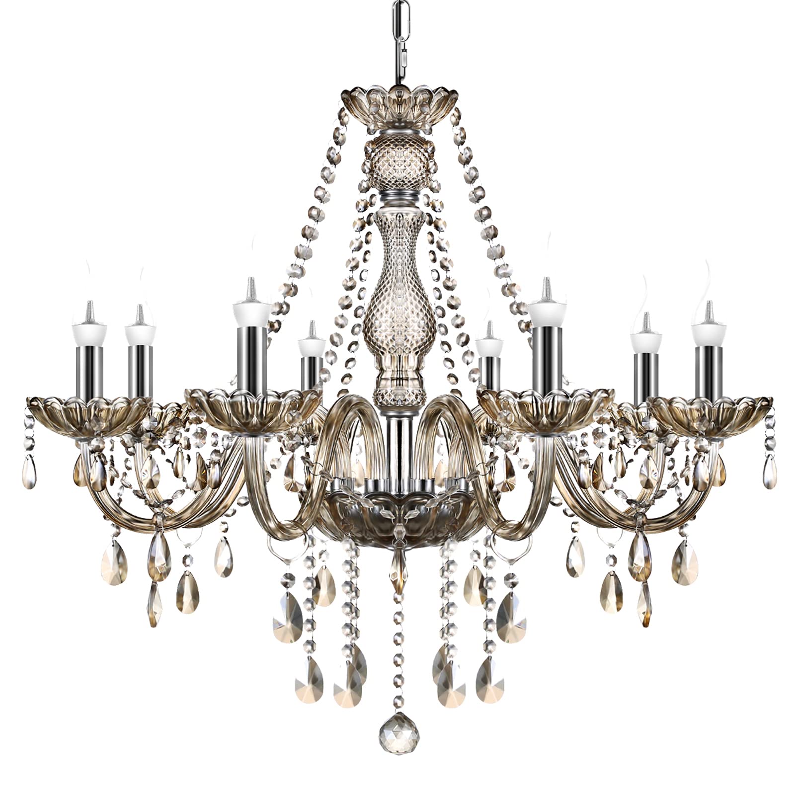 TRY-YEAN Lustre à 8 Bras Lustre Cristal Moderne Couleur Cognac Pampille Suspension Lampe de Plafond Verre Cristal K5 avec Chaîne Réglable pour Chambre, Salon, Salle à Manger, Restaurant, E14