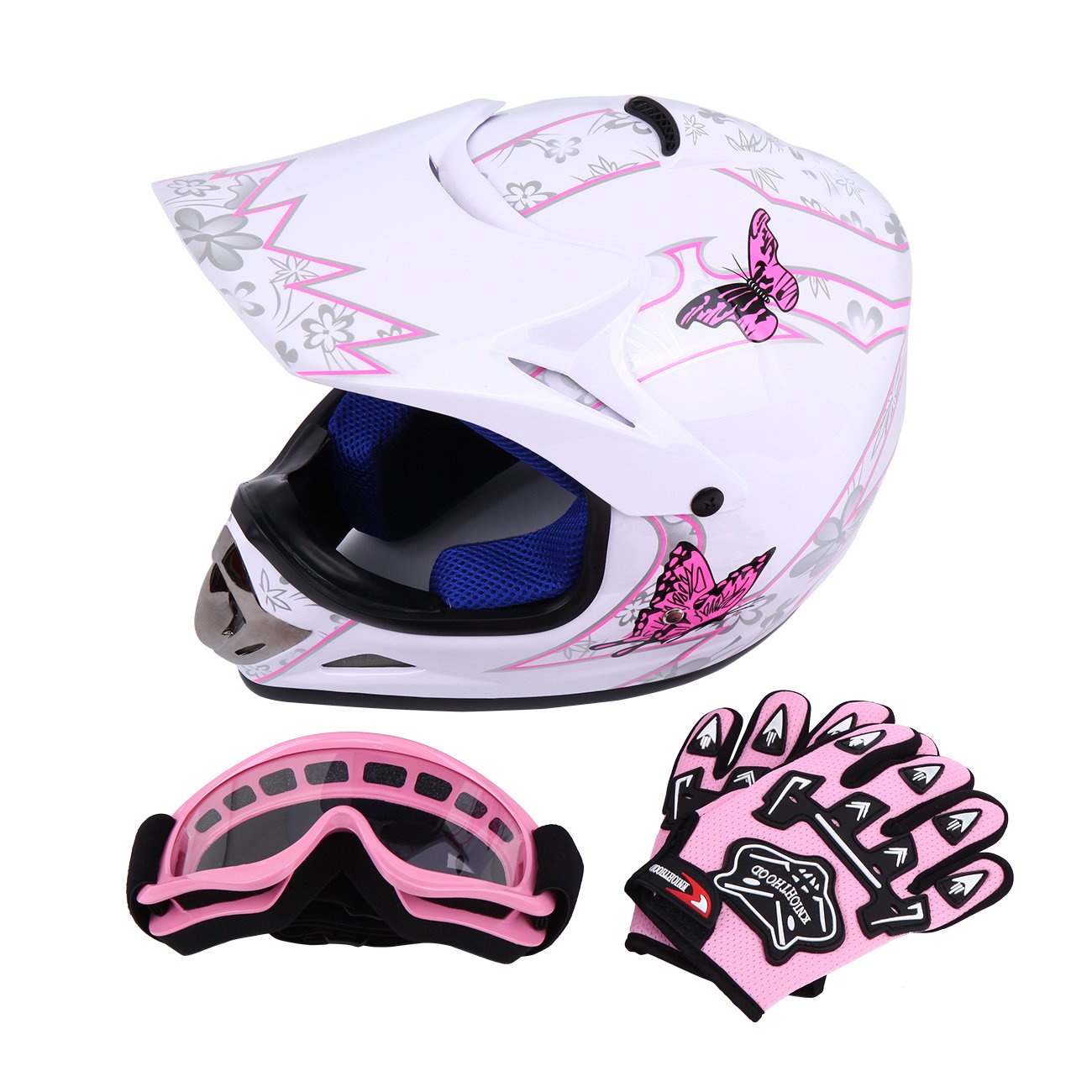 Samger DOT Jugend Kinder Offroad Helm Motocross Helm Dirt Bike ATV Motorrad Helm Handschuhe Brille (L,Weiß)