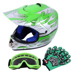 Samger DOT Jugend Kinder Off Road Helm Motocross Helm Dirt Bike ATV Motorradhelm Handschuhe+Brille(S,Grün)