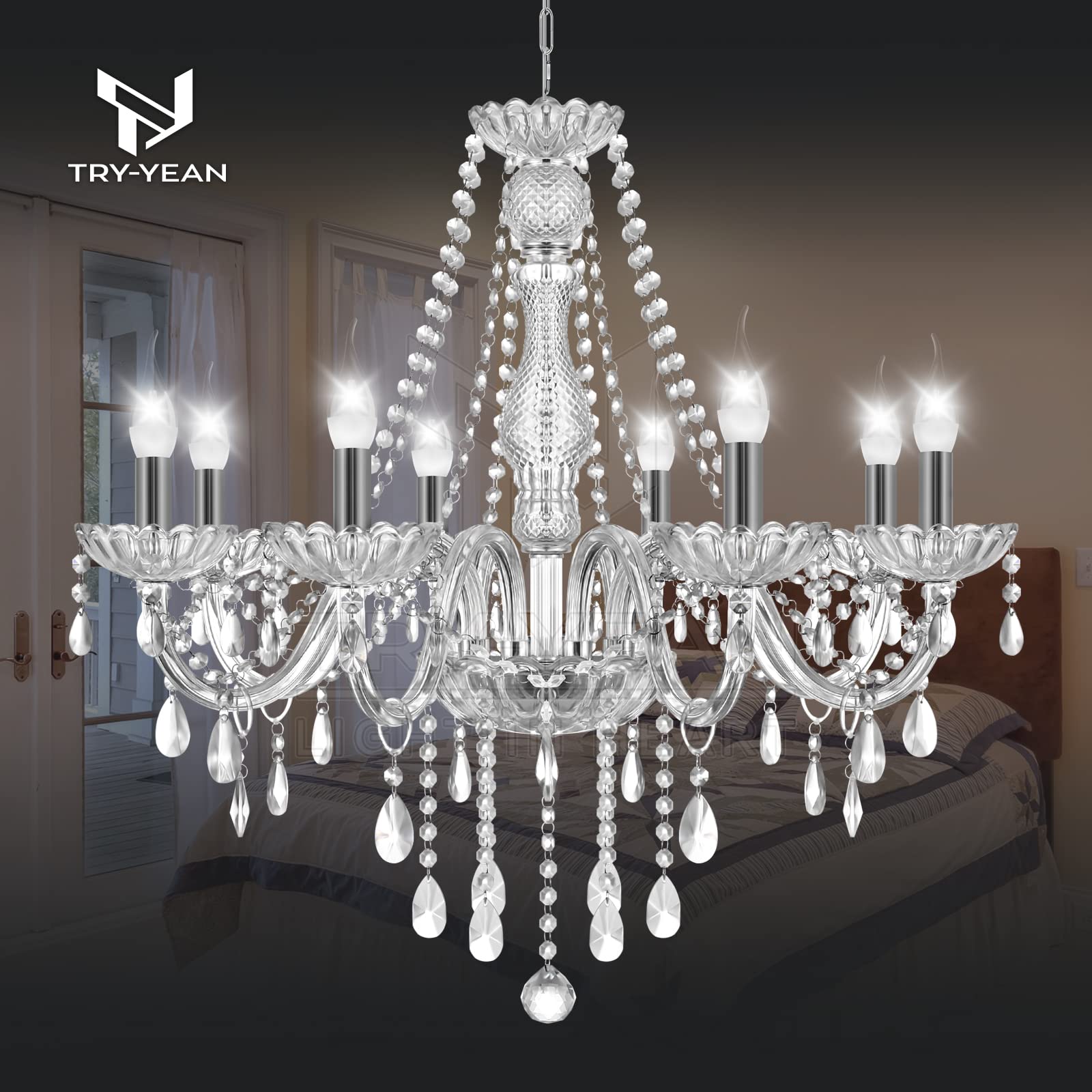 TRY-YEAN Luxueux Lustre à 8 bras Lustre Cristal Transparent Plafonnier Lampe à Suspension Verre Cristal K5 avec Chaîne Réglable Style Bougie E14 pour Chambre à Coucher, Salon, Salle à Manger, Couloir - Image 2