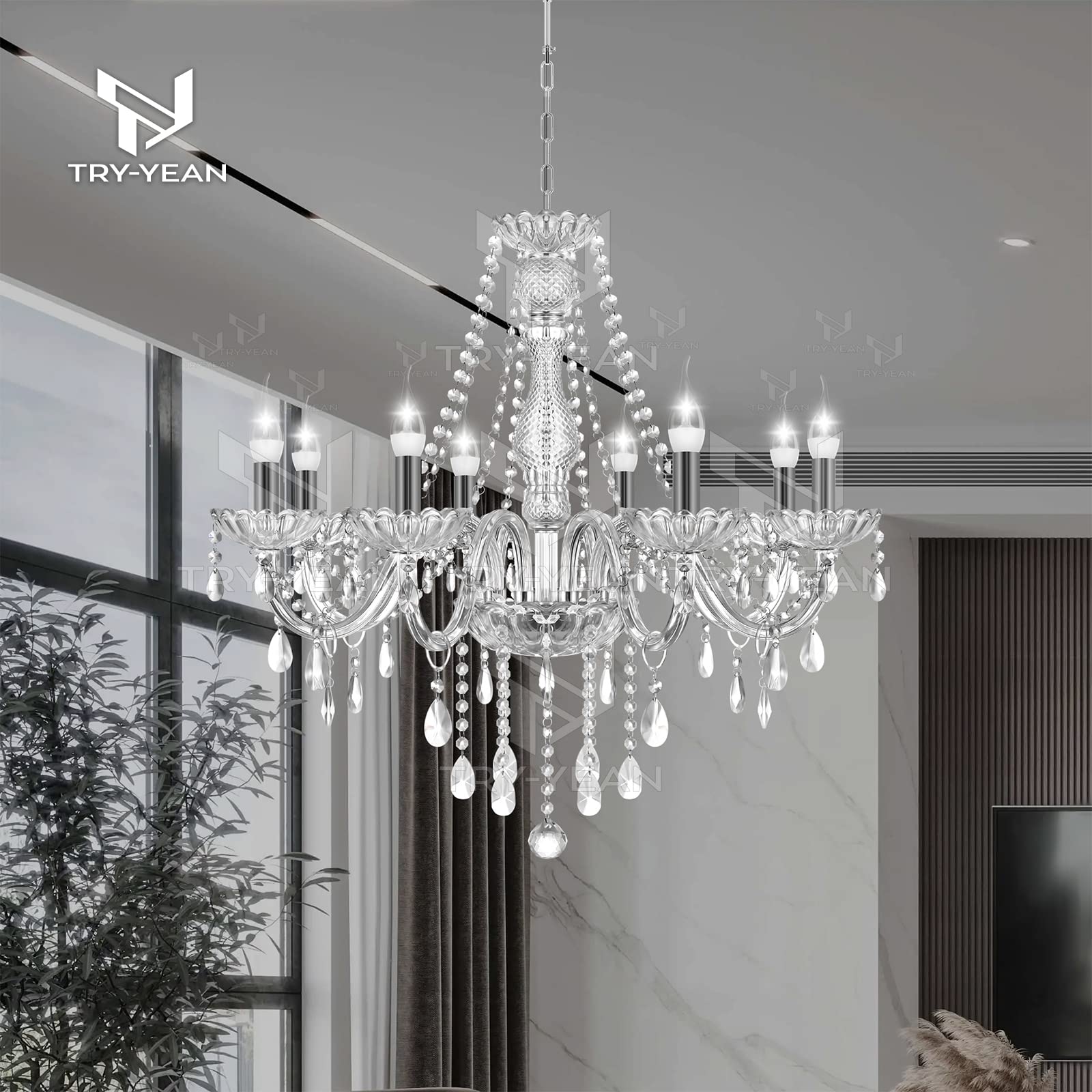 TRY-YEAN Luxueux Lustre à 8 bras Lustre Cristal Transparent Plafonnier Lampe à Suspension Verre Cristal K5 avec Chaîne Réglable Style Bougie E14 pour Chambre à Coucher, Salon, Salle à Manger, Couloir - Image 3