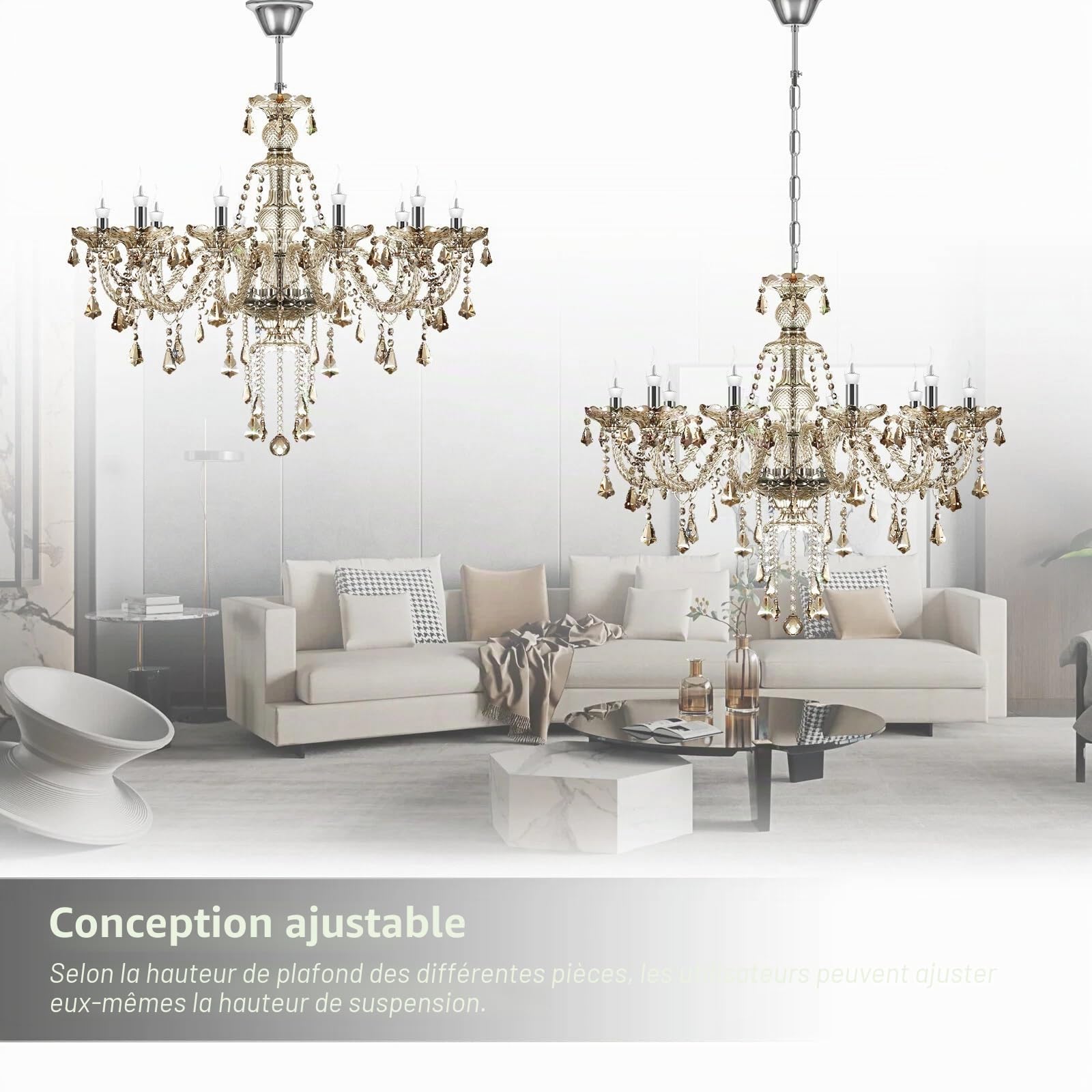 H-YEEU Lustre moderne à 10 ampoules en cristal K9, couleurs cognac, suspension en bougie, éclairage de plafond élégant pour salle à manger, salon, chambre à coucher et accessoires de maison - Image 3