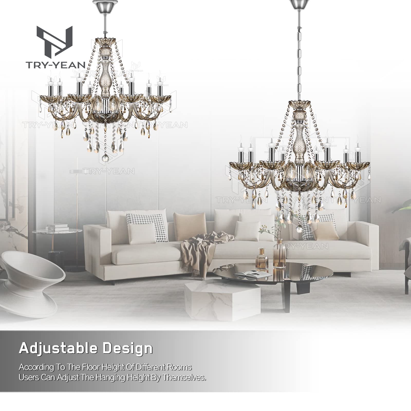 TRY-YEAN Lustre à 8 Bras Lustre Cristal Moderne Couleur Cognac Pampille Suspension Lampe de Plafond Verre Cristal K5 avec Chaîne Réglable pour Chambre, Salon, Salle à Manger, Restaurant, E14 - Image 4