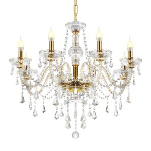 Ridgeyard 10-Leuchten Luxuriös Kristall Kronleuchter, Moderne Deckenleuchte, Kristall-Hängeleuchte, Regentropfenleuchte Pendelleuchte für Decke, Gold