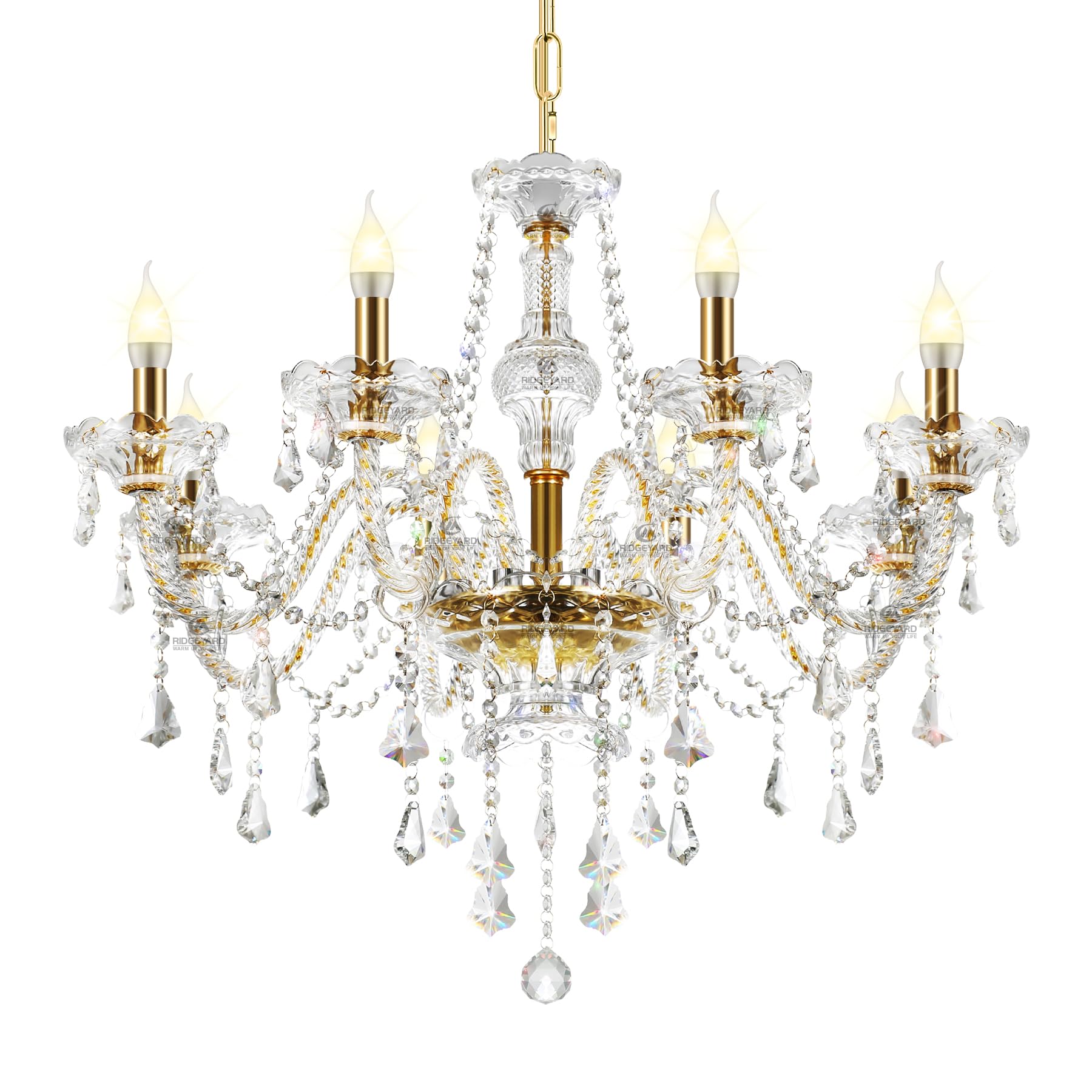 Ridgeyard 10-Leuchten Luxuriös Kristall Kronleuchter, Moderne Deckenleuchte, Kristall-Hängeleuchte, Regentropfenleuchte Pendelleuchte für Decke, Gold