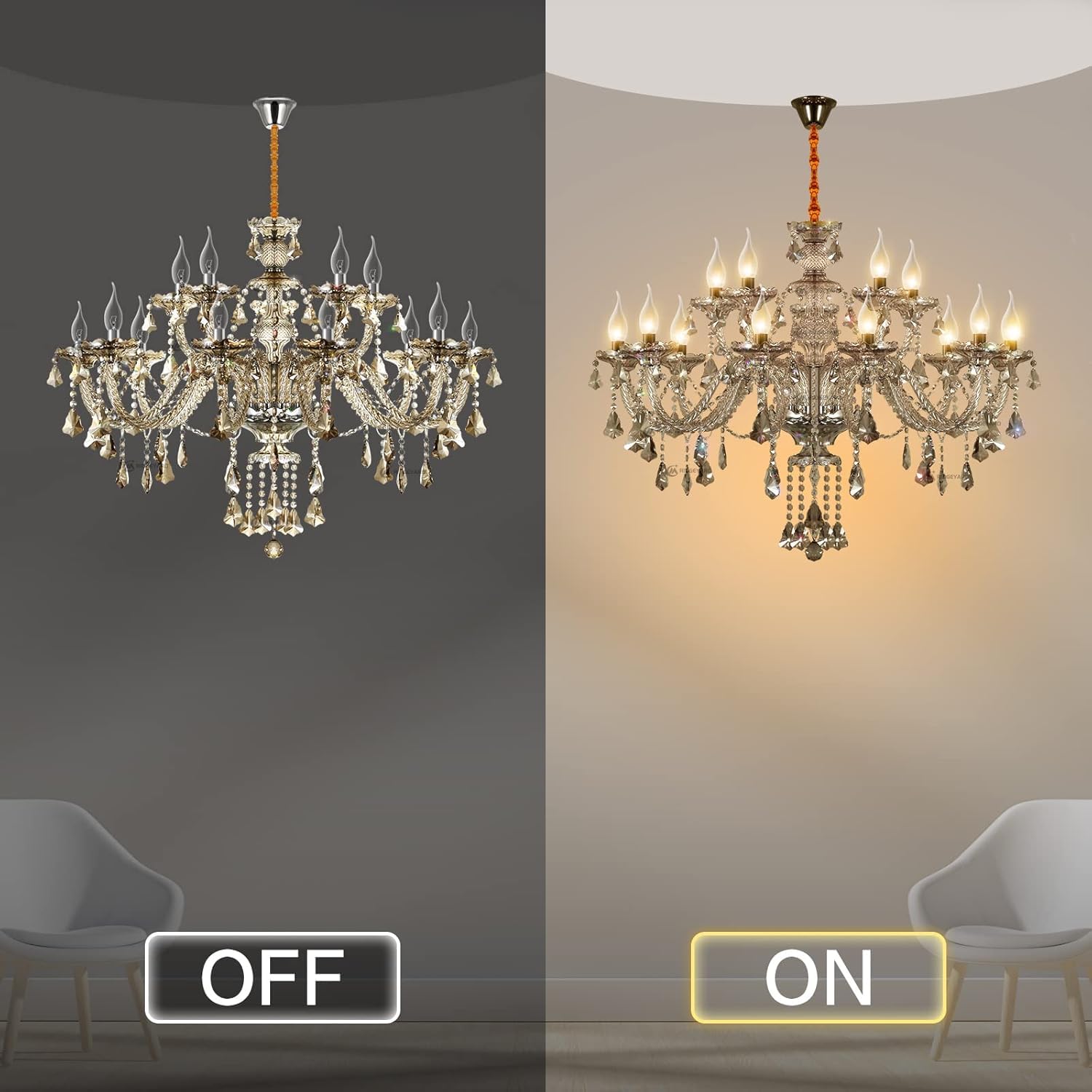 H-YEEU Luxuriöser 15-Lichter K9-Kristallleuchter Cognac, E14 Kerzen Kronleuchter, Moderne Hängeleuchte für Wohnzimmer Schlafzimmer Esszimmer und Gastronomie - Image 4