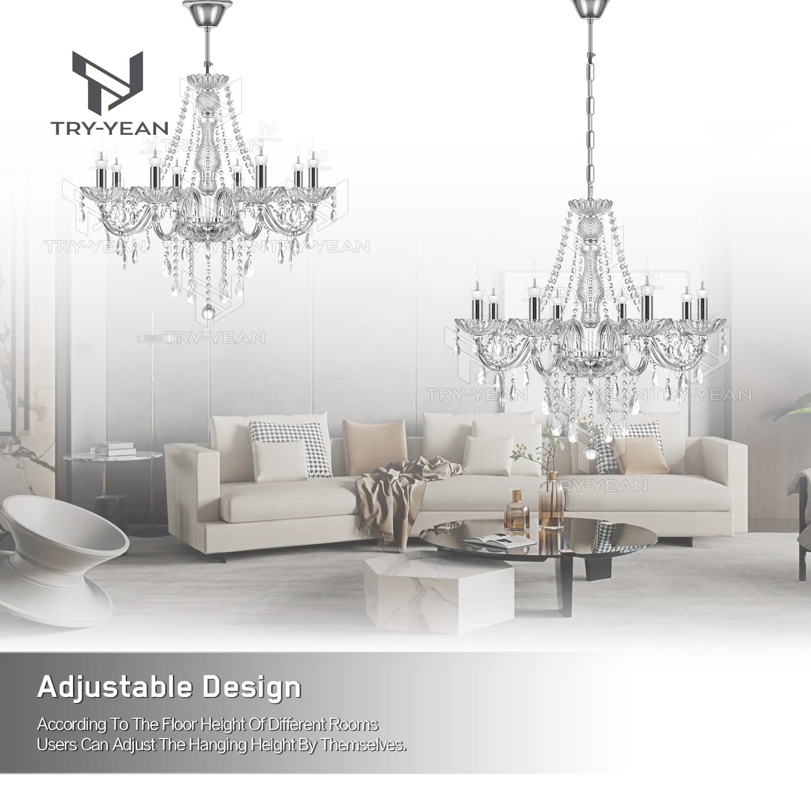 TRY-YEAN Luxueux Lustre à 8 bras Lustre Cristal Transparent Plafonnier Lampe à Suspension Verre Cristal K5 avec Chaîne Réglable Style Bougie E14 pour Chambre à Coucher, Salon, Salle à Manger, Couloir - Image 4