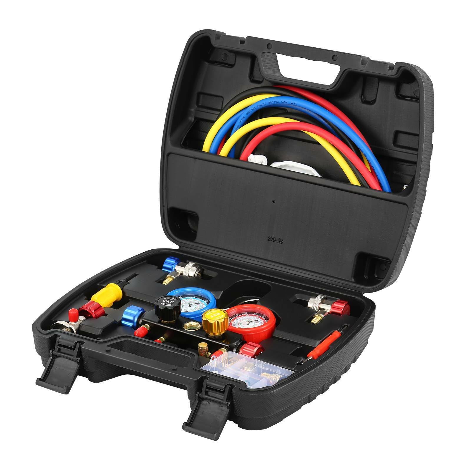 H-YEEU Manifold Gauge Kit 4-Wege Monteurhilfe Klimaanlage, Klimaanlage Manifold Messgerät Gauge Set für Kältemittel R134A R22 R12 R404A R410A R502