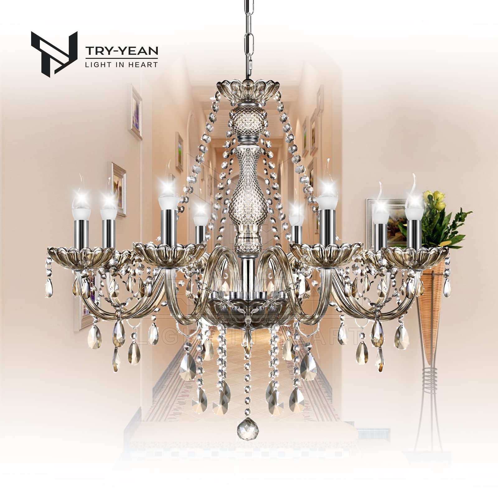 TRY-YEAN Lustre à 8 Bras Lustre Cristal Moderne Couleur Cognac Pampille Suspension Lampe de Plafond Verre Cristal K5 avec Chaîne Réglable pour Chambre, Salon, Salle à Manger, Restaurant, E14 - Image 2