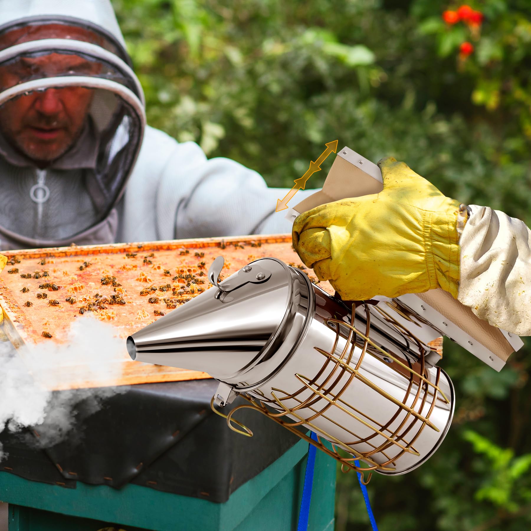 H-YEEU Edelstahl Bienensmoker mit Hitzeschutz – Imker Smoker mit Balg, hitzebeständig & rostfrei – Für die sichere Honigernte & Bienenberuhigung – Robustes Imker-Zubehör - Image 2