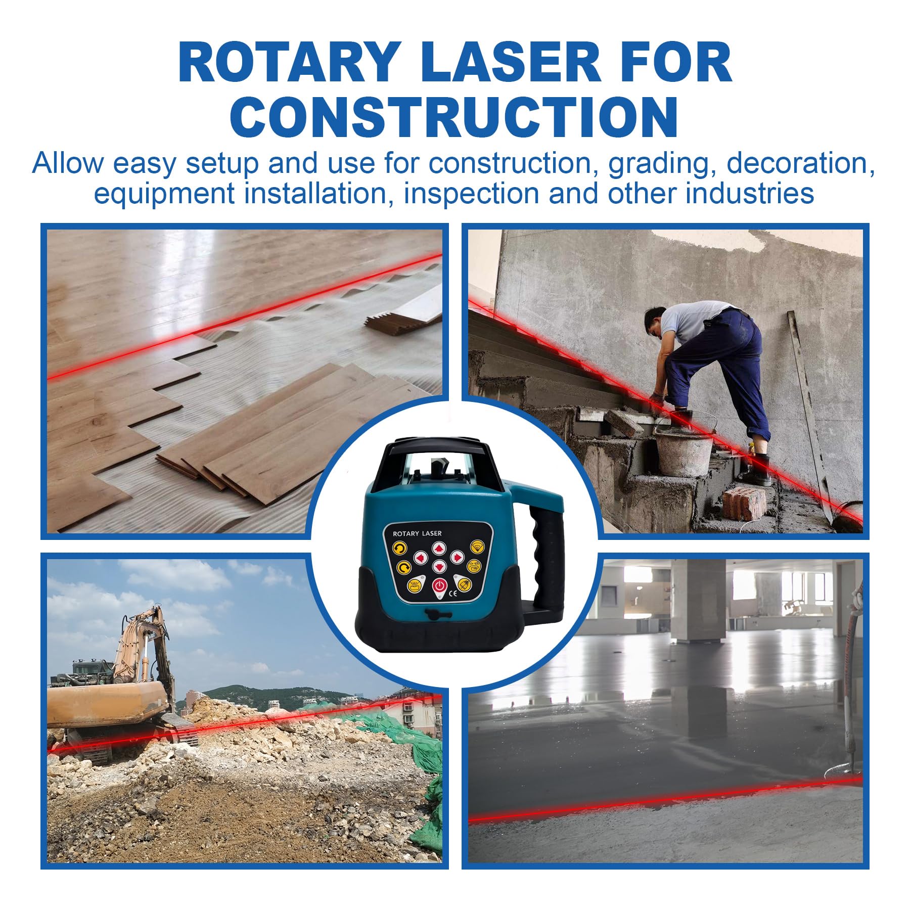 H-YEEU Kit de niveau laser rotatif, niveau laser horizontal et vertical à mise à niveau automatique à 360°, faisceau rouge, portée de 500 m, pour la construction, le bâtiment et la topographie - Bleu - Image 3