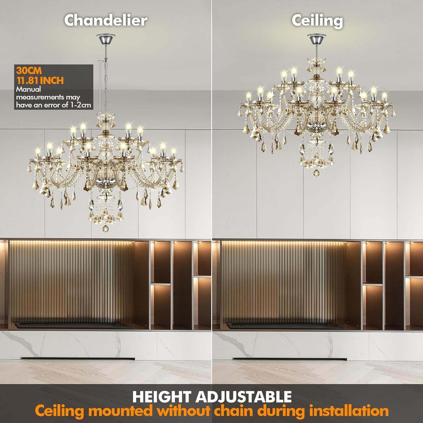 H-YEEU Luxuriöser 15-Lichter K9-Kristallleuchter Cognac, E14 Kerzen Kronleuchter, Moderne Hängeleuchte für Wohnzimmer Schlafzimmer Esszimmer und Gastronomie - Image 3
