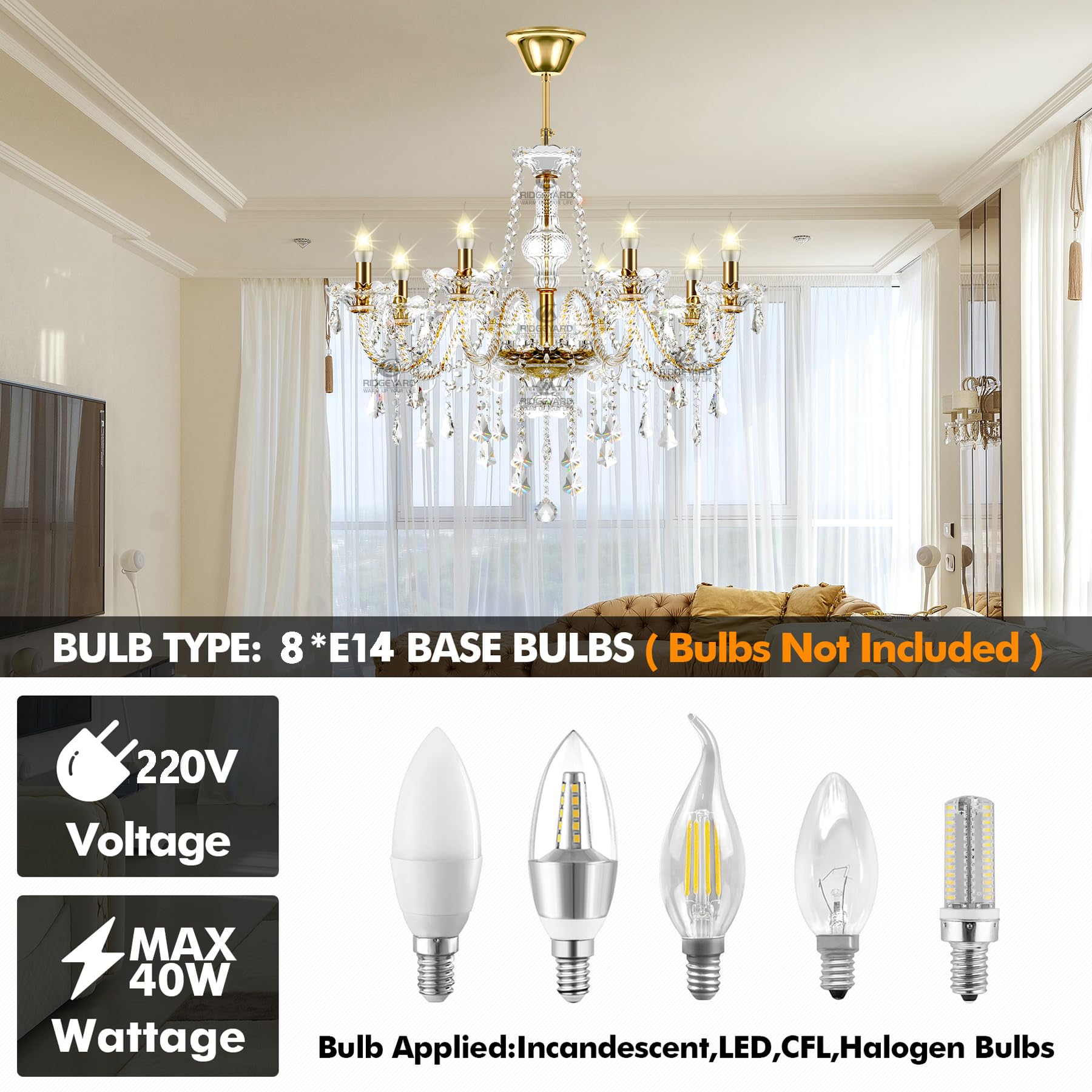 Ridgeyard 8-Lichter Moderne Gold Kristall Kerze Kronleuchter K9 Glaskristall Anhänger Deckenleuchte Regentropfen Pendelleuchte für Wohnzimmer Esszimmer Schlafzimmer - Image 2