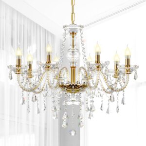 Ridgeyard 8-Lichter Moderne Gold Kristall Kerze Kronleuchter K9 Glaskristall Anhänger Deckenleuchte Regentropfen Pendelleuchte für Wohnzimmer Esszimmer Schlafzimmer