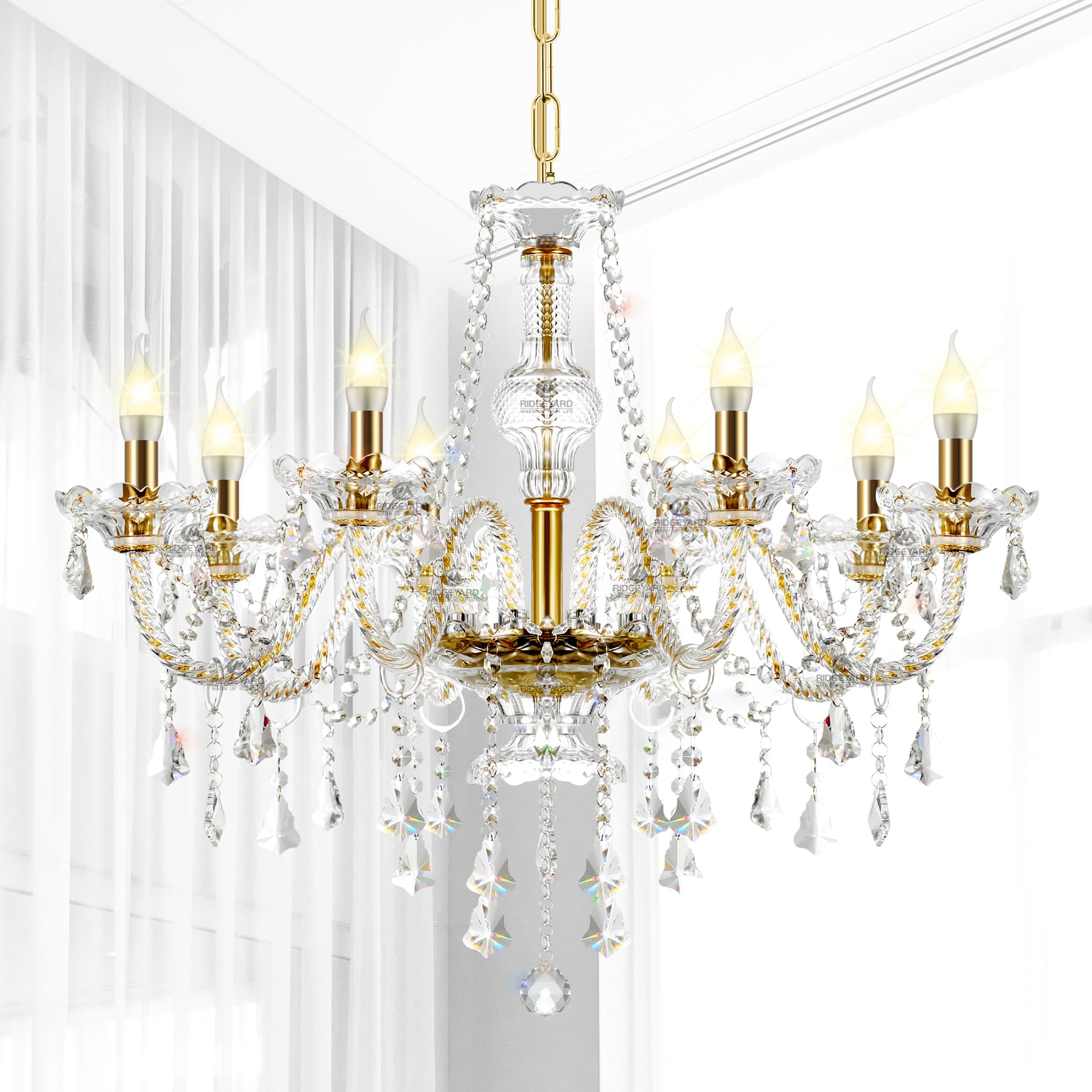 Ridgeyard 10-Leuchten Luxuriös Kristall Kronleuchter, Moderne Deckenleuchte, Kristall-Hängeleuchte, Regentropfenleuchte Pendelleuchte für Decke, Gold - Image 2