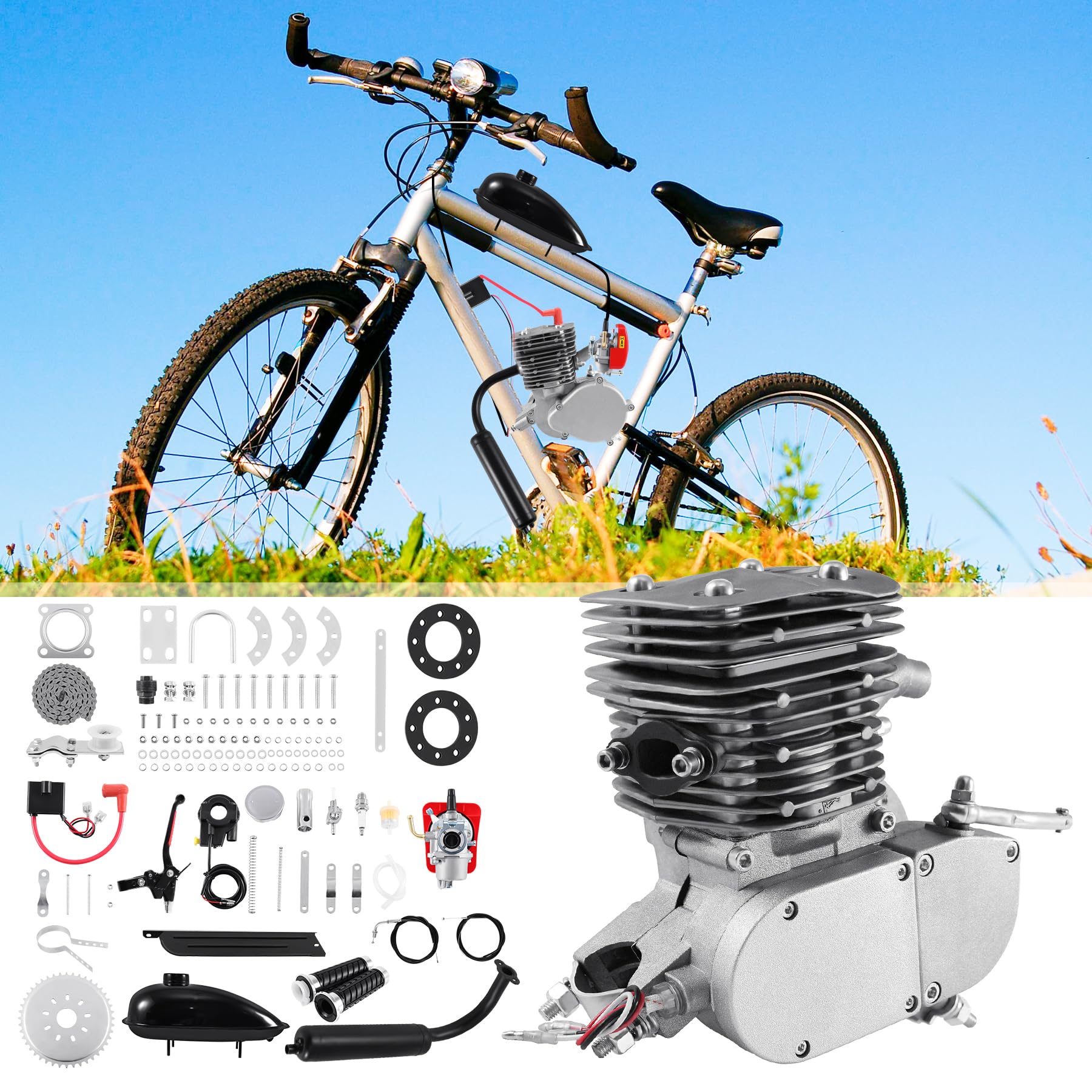 Samger Samger 2 Temps Kit Moteur Velo Gaz Moteur Kit de Conversion de Vélo (Argent, 110CC) - Image 2