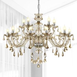 H-YEEU Luxuriöser 15-Lichter K9-Kristallleuchter Cognac, E14 Kerzen Kronleuchter, Moderne Hängeleuchte für Wohnzimmer Schlafzimmer Esszimmer und Gastronomie