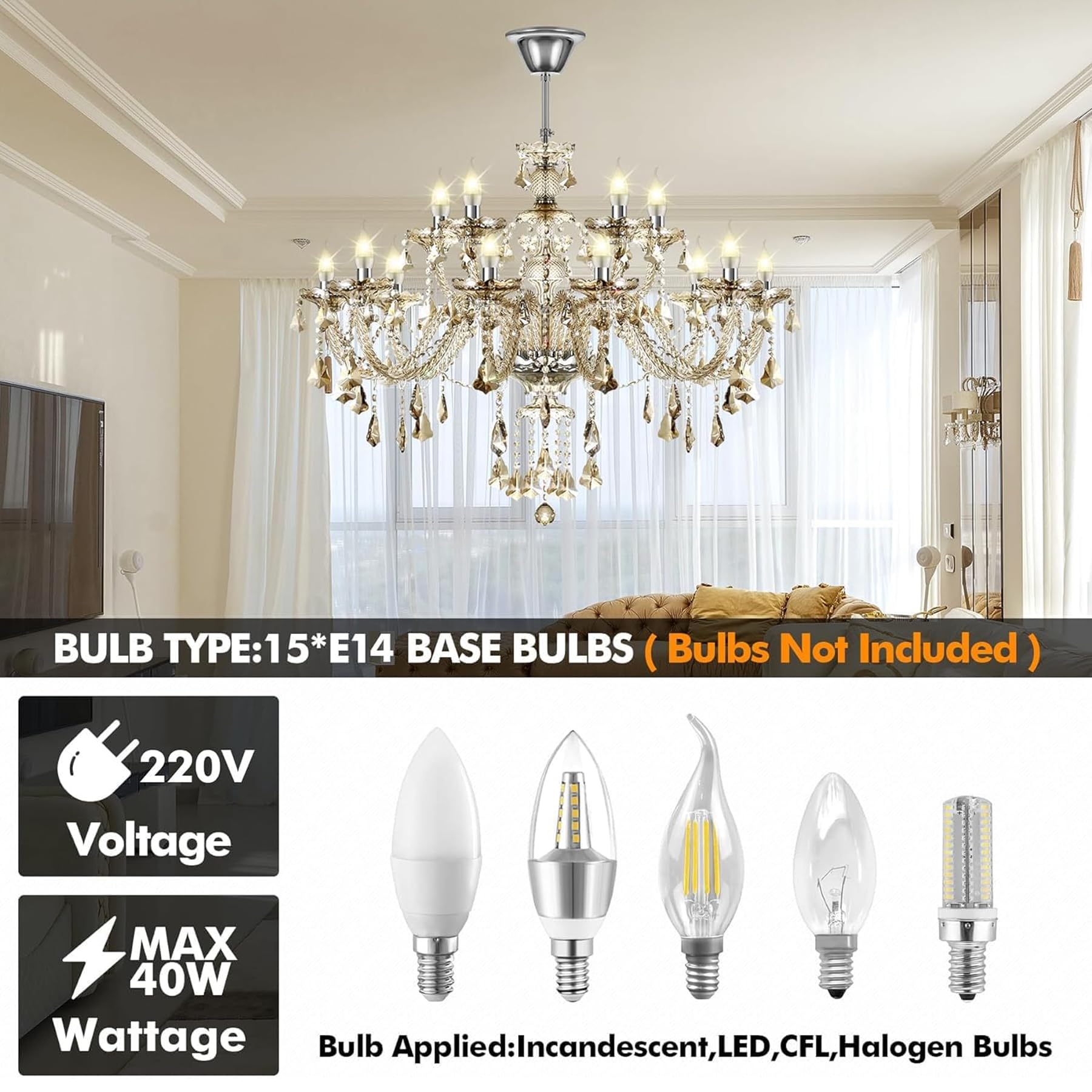 H-YEEU Luxuriöser 15-Lichter K9-Kristallleuchter Cognac, E14 Kerzen Kronleuchter, Moderne Hängeleuchte für Wohnzimmer Schlafzimmer Esszimmer und Gastronomie - Image 2